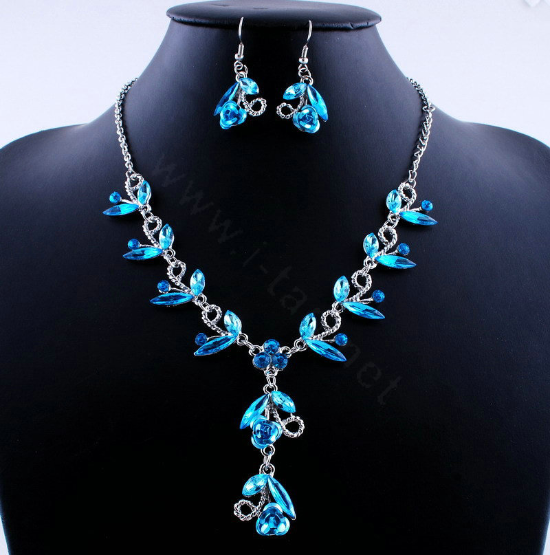 Vintage Wedding Bridal Party Jewelry Alloy Blue Rhinestone Flower vine Pendant Necklace Earrings Set
