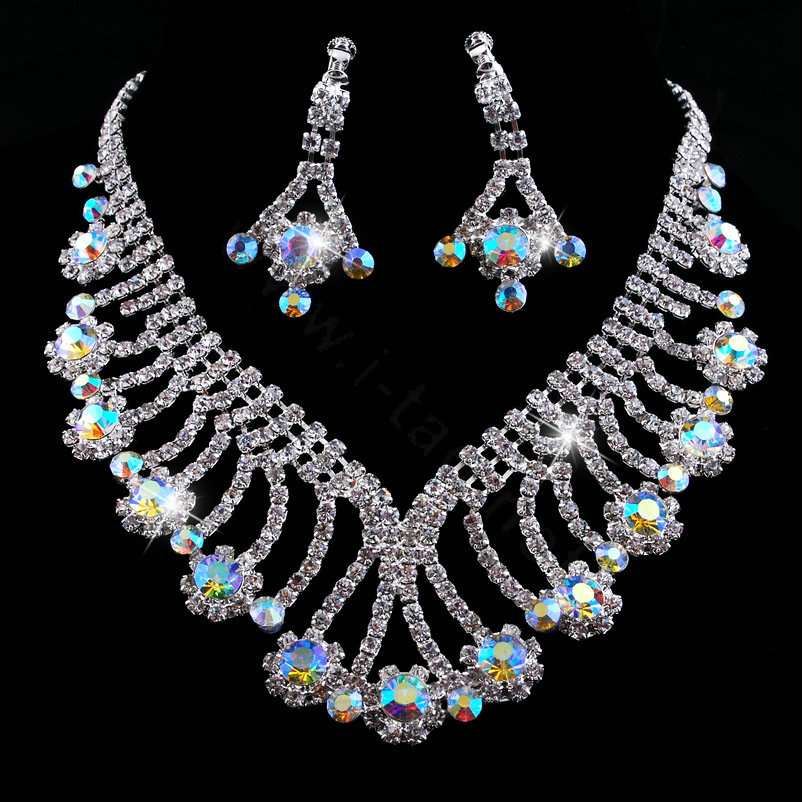 Vintage Wedding Bridal Party Jewelry Alloy Flower Multilayer AB Rhinestone Bib Necklace Earrings Set
