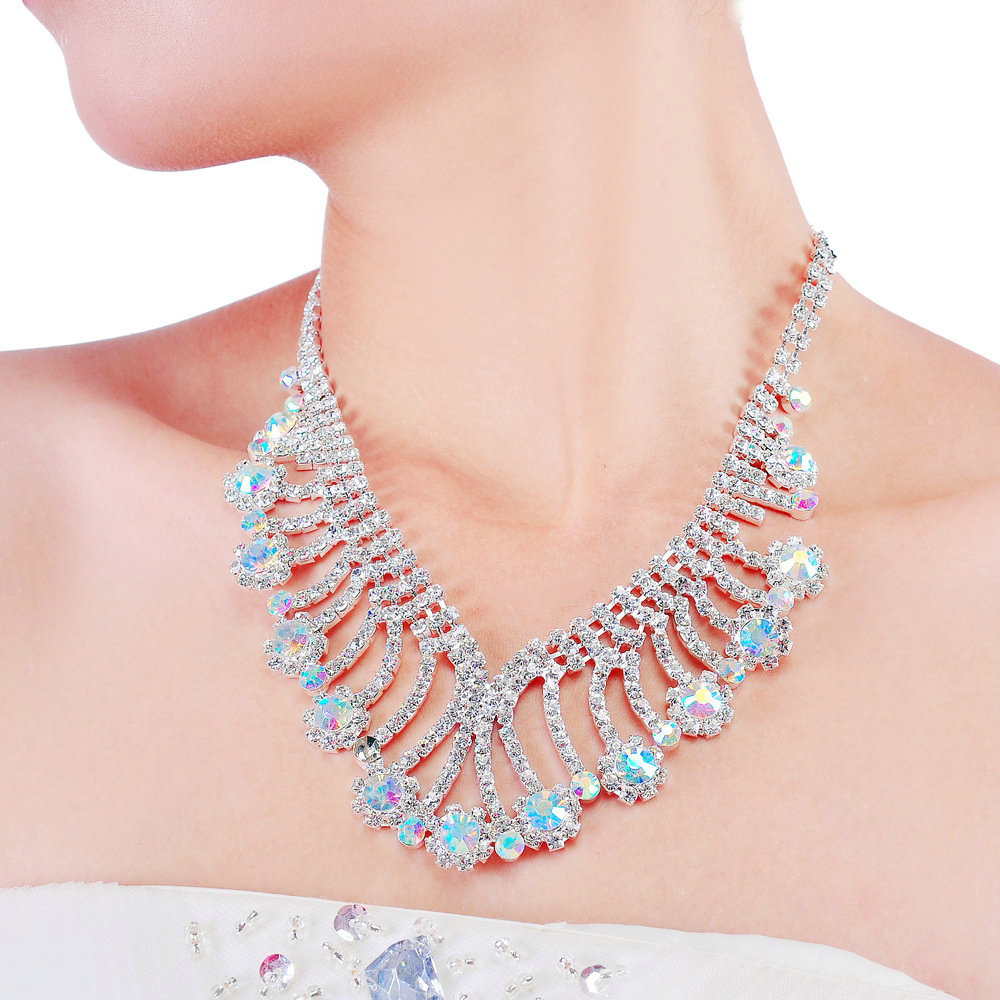 Vintage Wedding Bridal Party Jewelry Alloy Flower Multilayer AB Rhinestone Bib Necklace Earrings Set