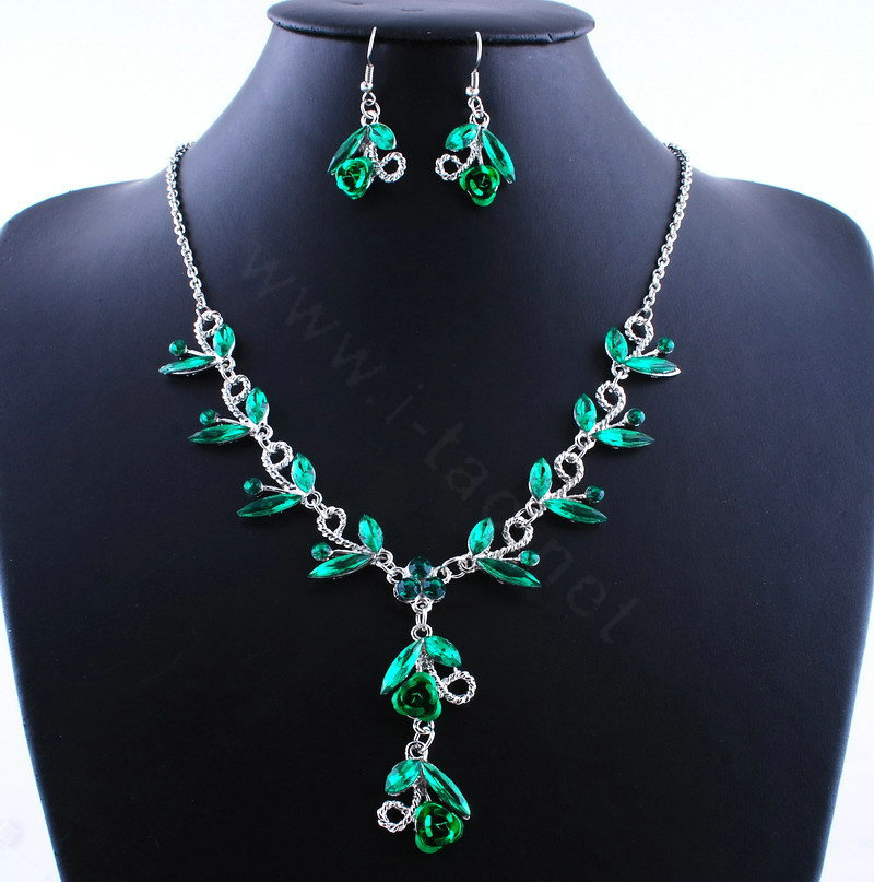 Vintage Wedding Bridal Party Jewelry Alloy Green Rhinestone Flower vine Pendant Necklace Earrings Set