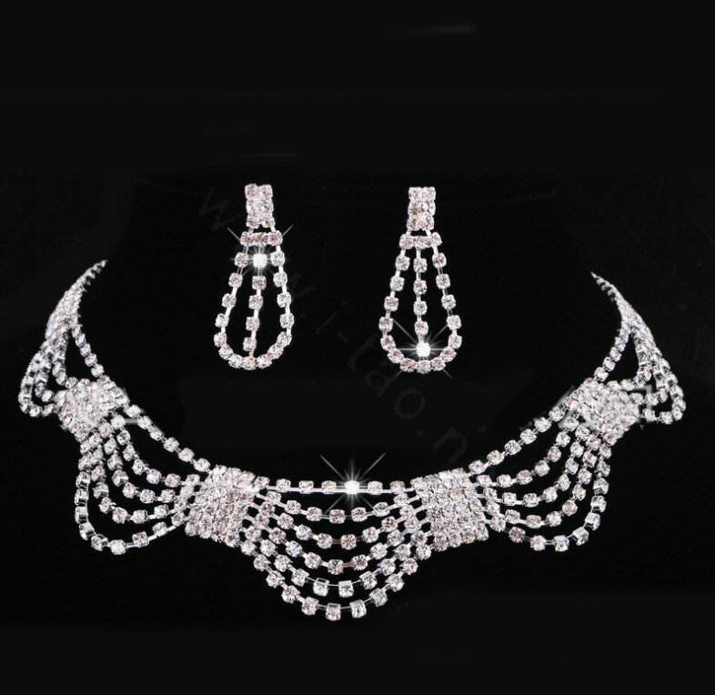 Vintage Wedding Bridal Party Jewelry Alloy Multilayer Rhinestone Bib Necklace Earrings Set