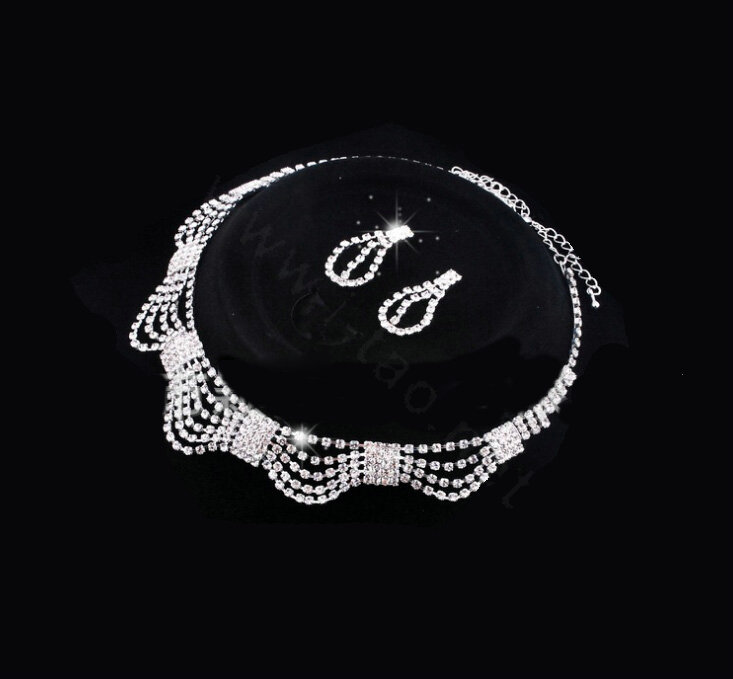 Vintage Wedding Bridal Party Jewelry Alloy Multilayer Rhinestone Bib Necklace Earrings Set