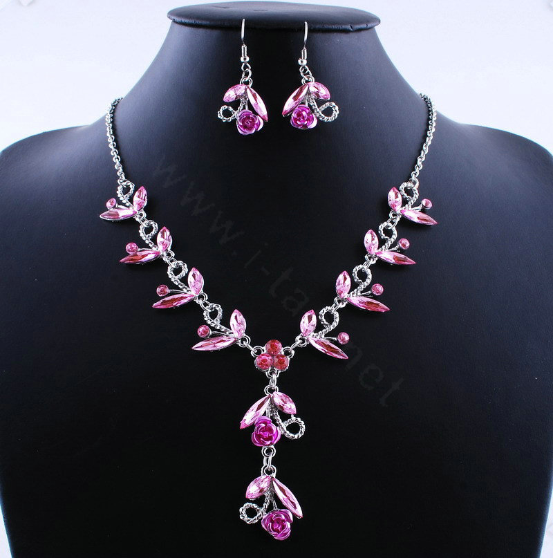 Vintage Wedding Bridal Party Jewelry Alloy Pink Rhinestone Flower vine Pendant Necklace Earrings Set