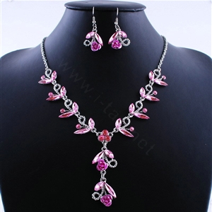 Vintage Wedding Bridal Party Jewelry Alloy Pink Rhinestone Flower vine Pendant Necklace Earrings Set