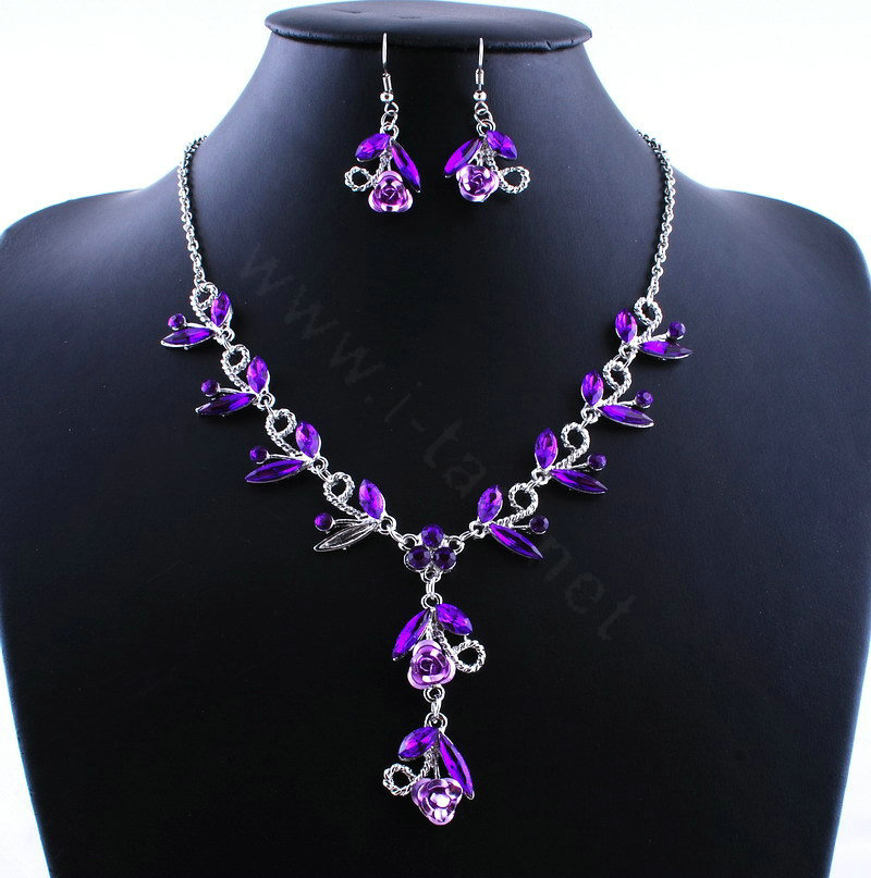 Vintage Wedding Bridal Party Jewelry Alloy Purple Rhinestone Flower vine Pendant Necklace Earrings Set