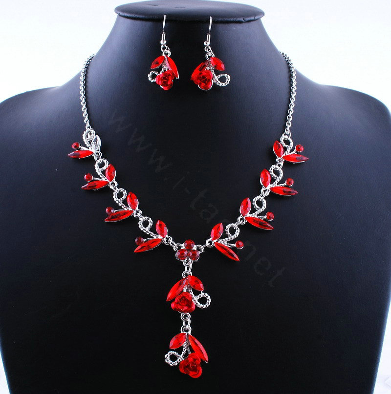 Vintage Wedding Bridal Party Jewelry Alloy Red Rhinestone Flower vine Pendant Necklace Earrings Set