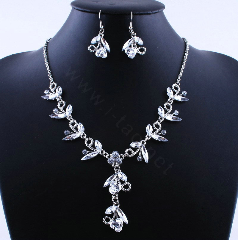 Vintage Wedding Bridal Party Jewelry Alloy Rhinestone Flower vine Pendant Necklace Earrings Set