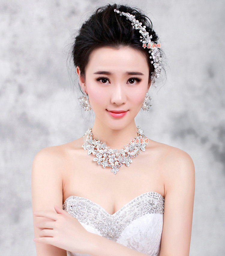 Wedding Jewellery Pearl Crystal Rhinestone Alloy Flower Bridal Necklace Earrings Sets Silver Plated