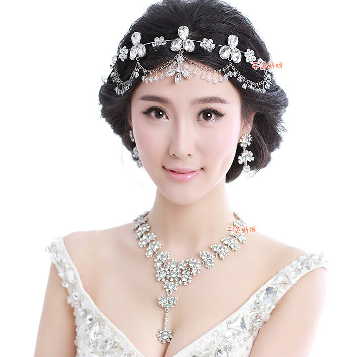 Wedding Jewelry Alloy Flower Rhinestone Crystal Tassel Tiaras Necklace Earrings Set Bridal Party