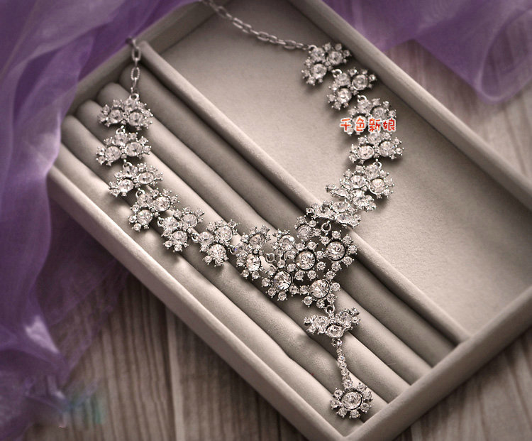 Wedding Jewelry Alloy Flower Rhinestone Crystal Tassel Tiaras Necklace Earrings Set Bridal Party