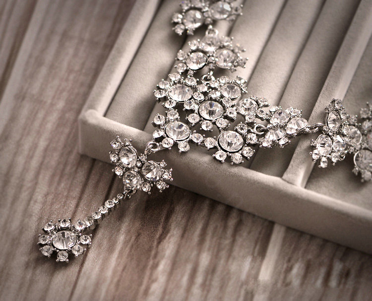 Wedding Jewelry Alloy Flower Rhinestone Crystal Tassel Tiaras Necklace Earrings Set Bridal Party