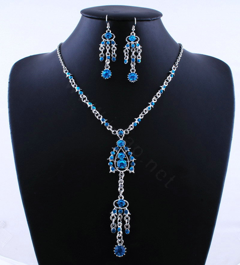 Wholesale Vintage Wedding Bridal Jewelry Alloy Tassel Flower Blue Rhinestone Bib Necklace Earrings Set