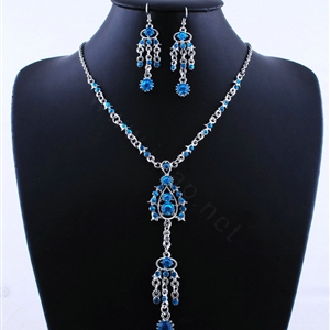 Wholesale Vintage Wedding Bridal Jewelry Alloy Tassel Flower Blue Rhinestone Bib Necklace Earrings Set