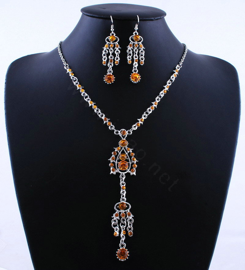 Wholesale Vintage Wedding Bridal Jewelry Alloy Tassel Flower Brown Rhinestone Bib Necklace Earrings Set