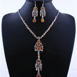 Wholesale Vintage Wedding Bridal Jewelry Alloy Tassel Flower Brown Rhinestone Bib Necklace Earrings Set