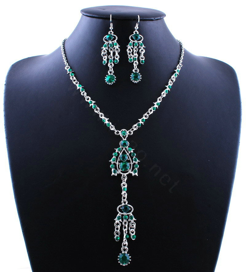 Wholesale Vintage Wedding Bridal Jewelry Alloy Tassel Flower Green Rhinestone Bib Necklace Earrings Set