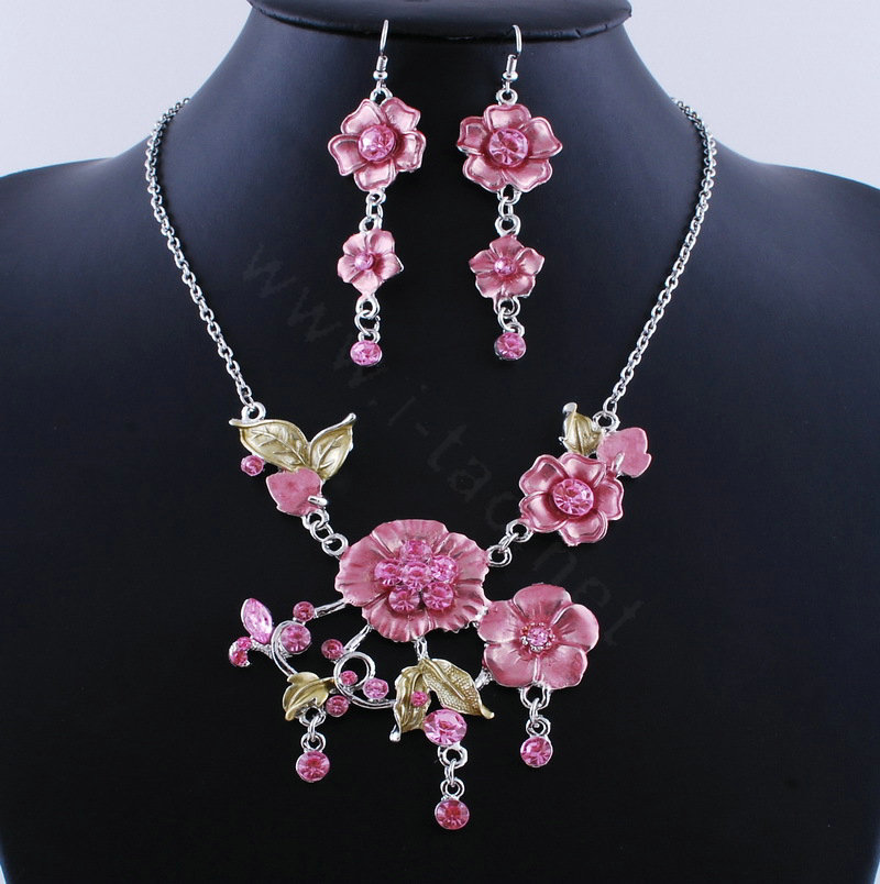 Wholesale Vintage Wedding Bridal Jewelry Alloy Tassel Flower Pink Rhinestone Necklace Earrings Set
