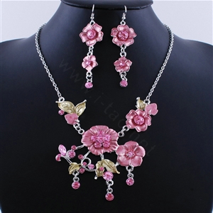 Wholesale Vintage Wedding Bridal Jewelry Alloy Tassel Flower Pink Rhinestone Necklace Earrings Set