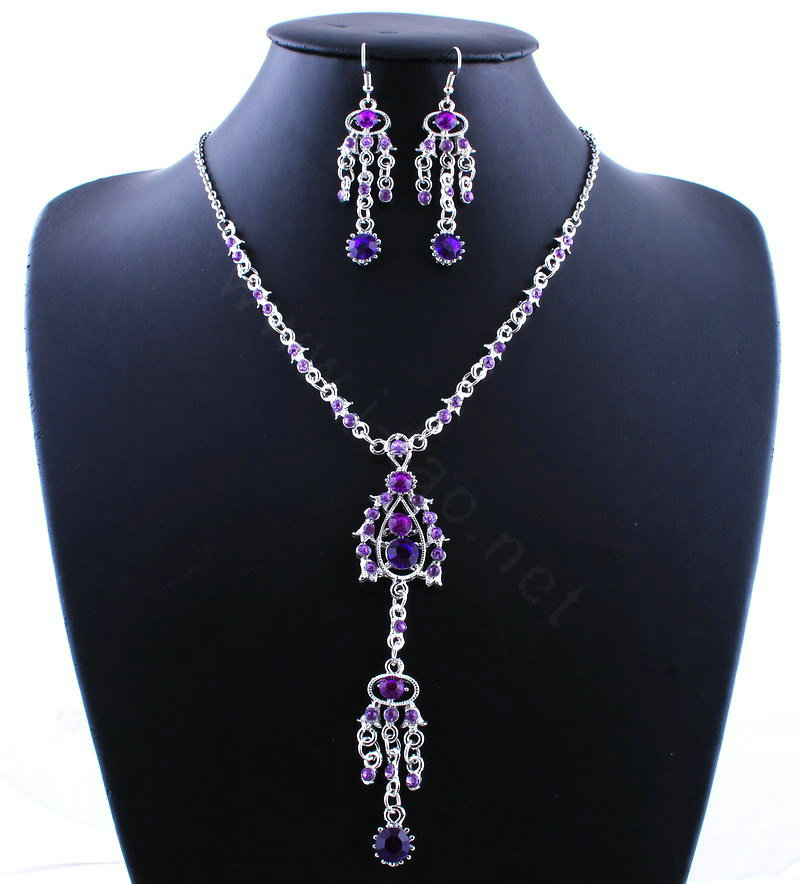 Wholesale Vintage Wedding Bridal Jewelry Alloy Tassel Flower Purple Rhinestone Bib Necklace Earrings Set