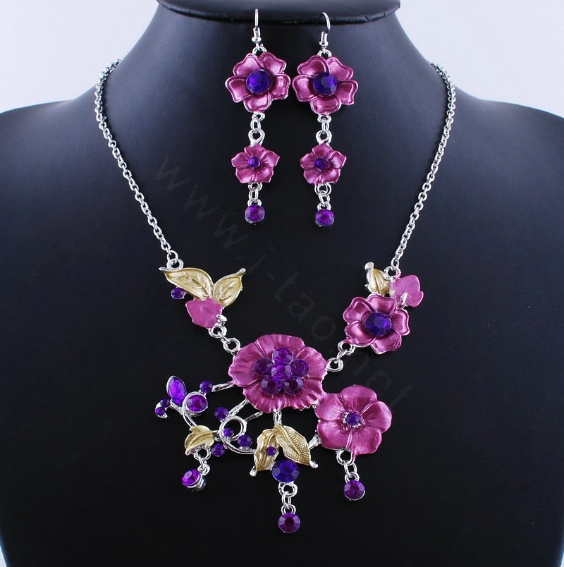 Wholesale Vintage Wedding Bridal Jewelry Alloy Tassel Flower Purple Rhinestone Necklace Earrings Set