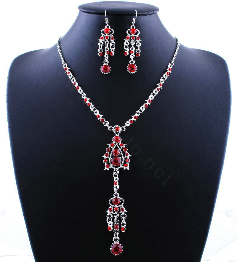 Wholesale Vintage Wedding Bridal Jewelry Alloy Tassel Flower Red Rhinestone Bib Necklace Earrings Set