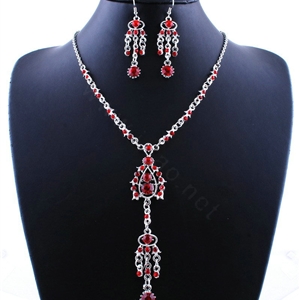 Wholesale Vintage Wedding Bridal Jewelry Alloy Tassel Flower Red Rhinestone Bib Necklace Earrings Set