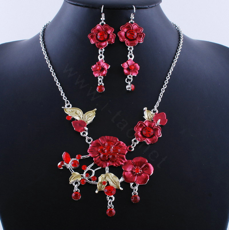 Wholesale Vintage Wedding Bridal Jewelry Alloy Tassel Flower Red Rhinestone Necklace Earrings Set