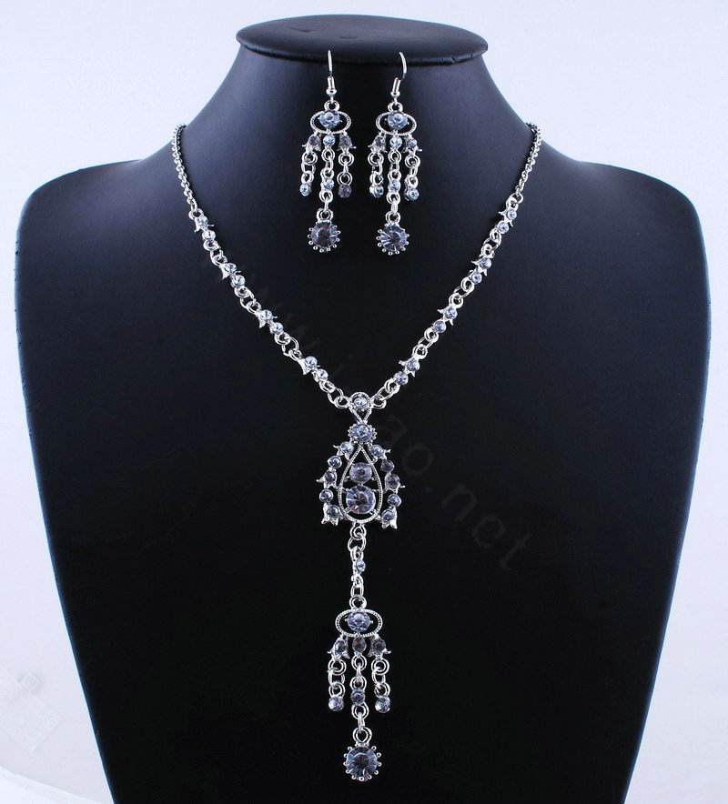 Wholesale Vintage Wedding Bridal Jewelry Alloy Tassel Flower Rhinestone Bib Necklace Earrings Set