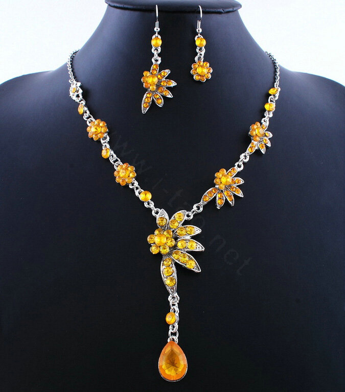 Wholesale Vintage Wedding Bridal Jewelry Alloy Water drops Flower Yellow Rhinestone Necklace Earrings Set