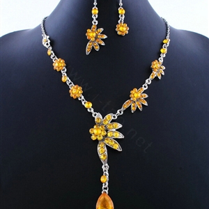 Wholesale Vintage Wedding Bridal Jewelry Alloy Water drops Flower Yellow Rhinestone Necklace Earrings Set