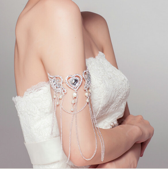 Angel wings Pearl Rhinestone Tassel Bridal Armlet Wedding Perform Bracelet Crystal Arm Chain