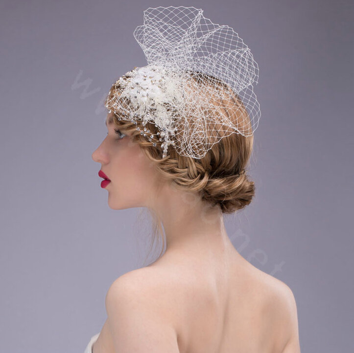 Beautiful Pearl Rhinestone Lace Bridal Gauze Headband Bride Wedding Dress Face Veils Hair Accessories
