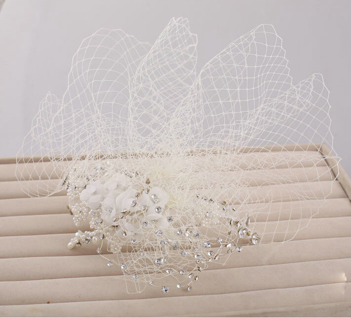 Beautiful Pearl Rhinestone Lace Bridal Gauze Headband Bride Wedding Dress Face Veils Hair Accessories