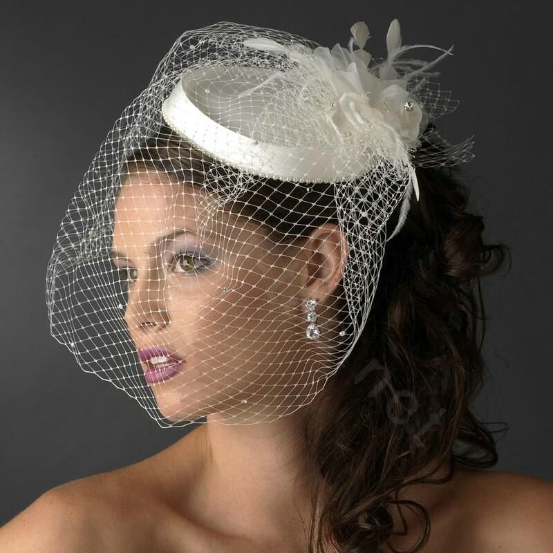 Beautiful White/ Ivory Birdcage Bridal Flower Feathers Fascinator Bride Wedding Hats Face Veils