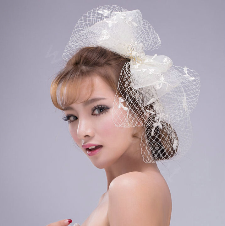 Bowknot Crystal Lace Gauze Bridal Fascinator Headpiece Bride Wedding Dress Prom Face Veils Hair Accessories
