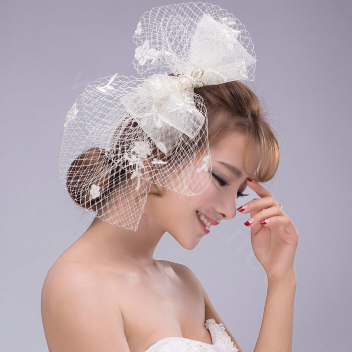 Bowknot Crystal Lace Gauze Bridal Fascinator Headpiece Bride Wedding Dress Prom Face Veils Hair Accessories