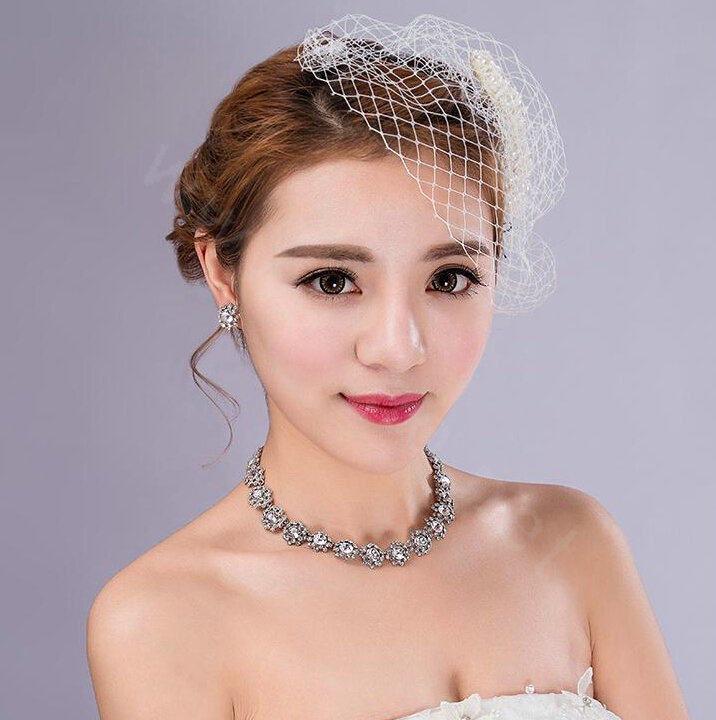 Bowknot Pearl Beads Gauze Bridal Fascinator Wedding Dress Prom Face Veils Hair Clip Accessories