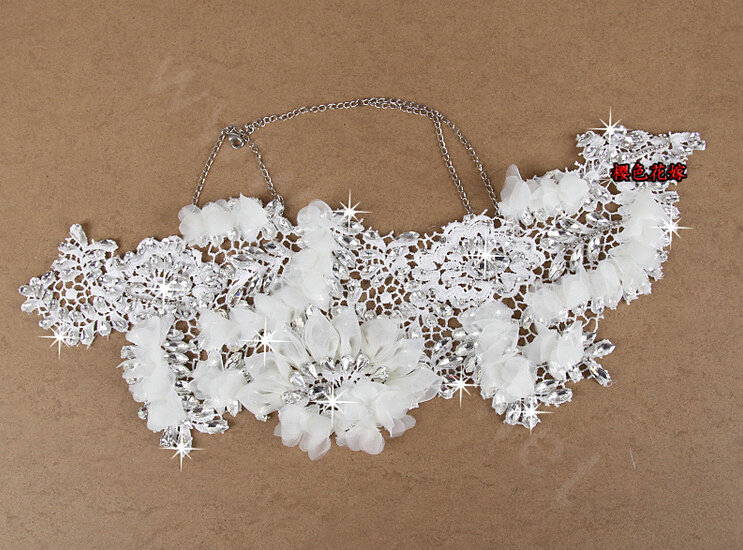 Bride Delicate Handmade Lace Flower Rhinestone Wedding Necklace Bridal Shoulder Chain Dress Jewelry