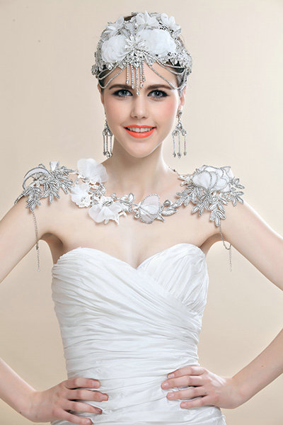Calssic Bride Princess Lace Flower Rhinestone Tassel Wedding Necklace Bridal Shoulder Chain Dress Jewelry