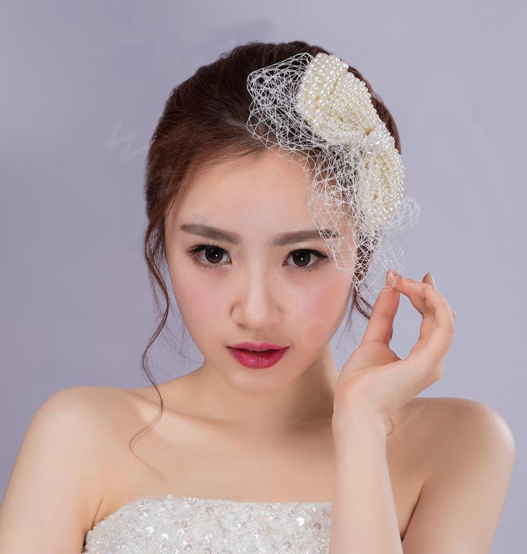 Elegant Bowknot Pearl Beads Gauze Bridal Fascinator Wedding Dress Prom Face Veils Hair Clip Accessories