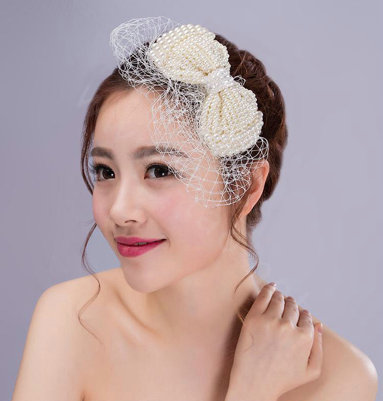Elegant Bowknot Pearl Beads Gauze Bridal Fascinator Wedding Dress Prom Face Veils Hair Clip Accessories