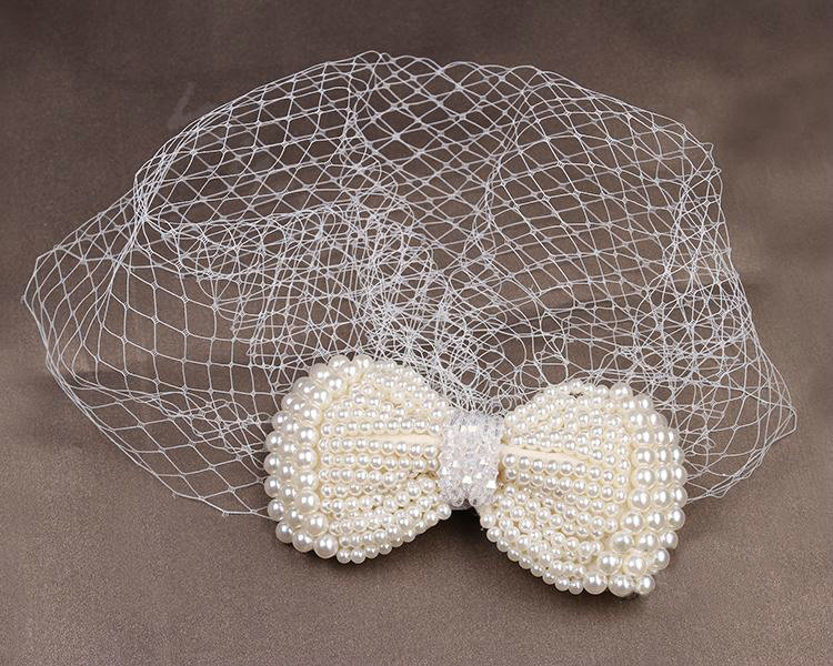 Elegant Bowknot Pearl Beads Gauze Bridal Fascinator Wedding Dress Prom Face Veils Hair Clip Accessories
