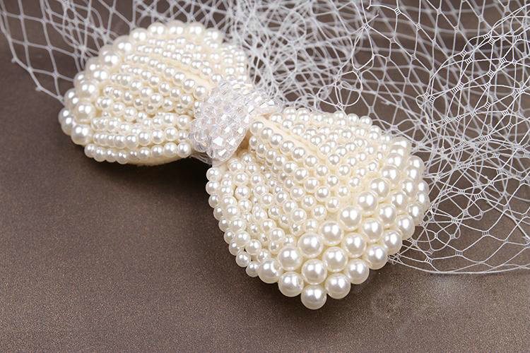 Elegant Bowknot Pearl Beads Gauze Bridal Fascinator Wedding Dress Prom Face Veils Hair Clip Accessories