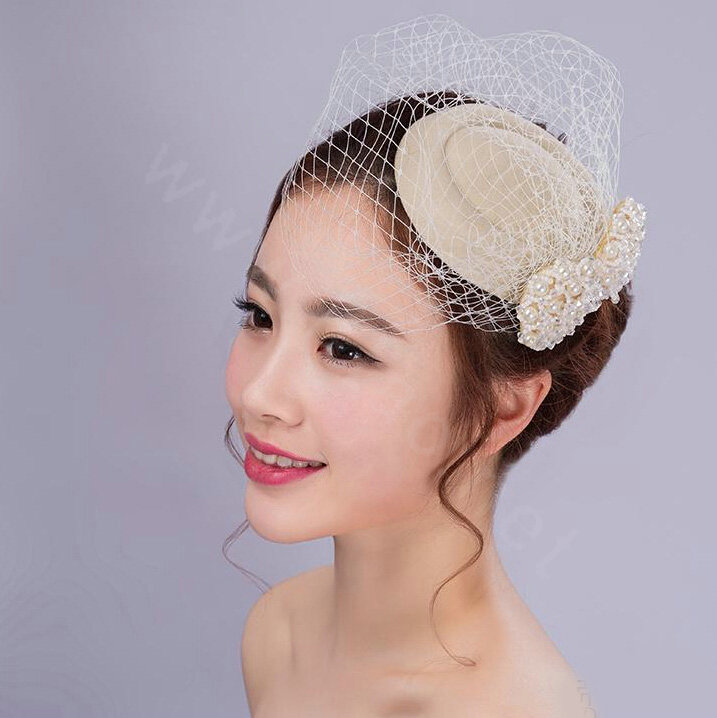 Elegant Bowknot Pearl Gauze Bridal Fascinator Hair Accessories Bride Wedding Dress Prom Hat Face Veils