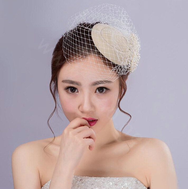 Elegant Bowknot Pearl Gauze Bridal Fascinator Hair Accessories Bride Wedding Dress Prom Hat Face Veils
