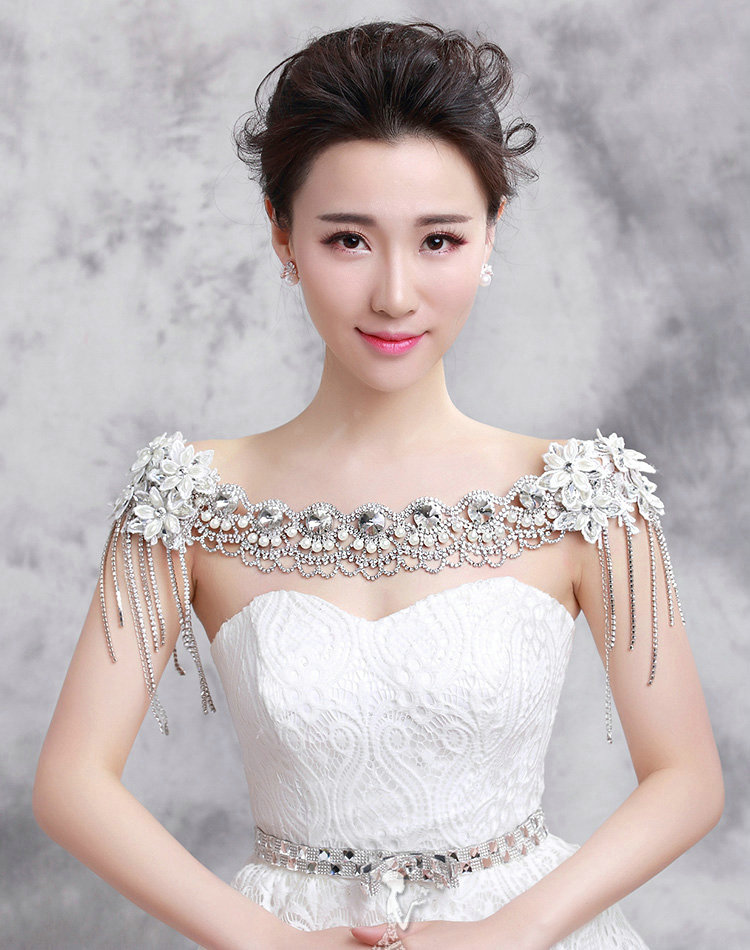 Elegant Bride Wedding Pearls Lace Flower Crystal Tassel Shawl Bridal Shoulder Chain Jewelry