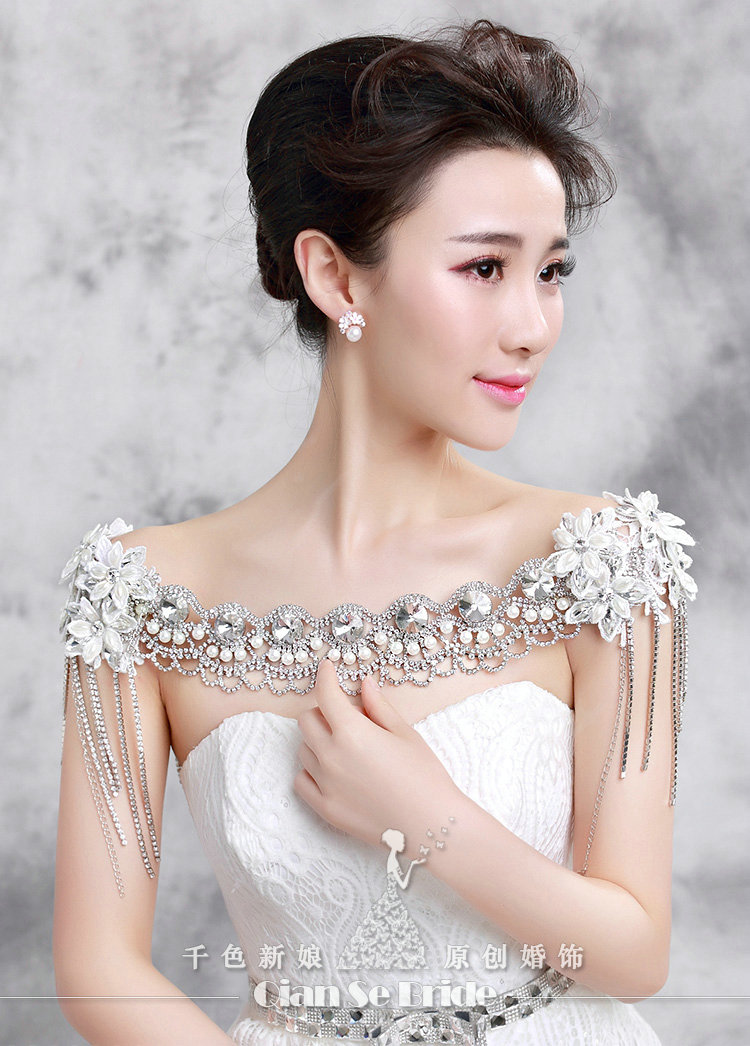 Elegant Bride Wedding Pearls Lace Flower Crystal Tassel Shawl Bridal Shoulder Chain Jewelry