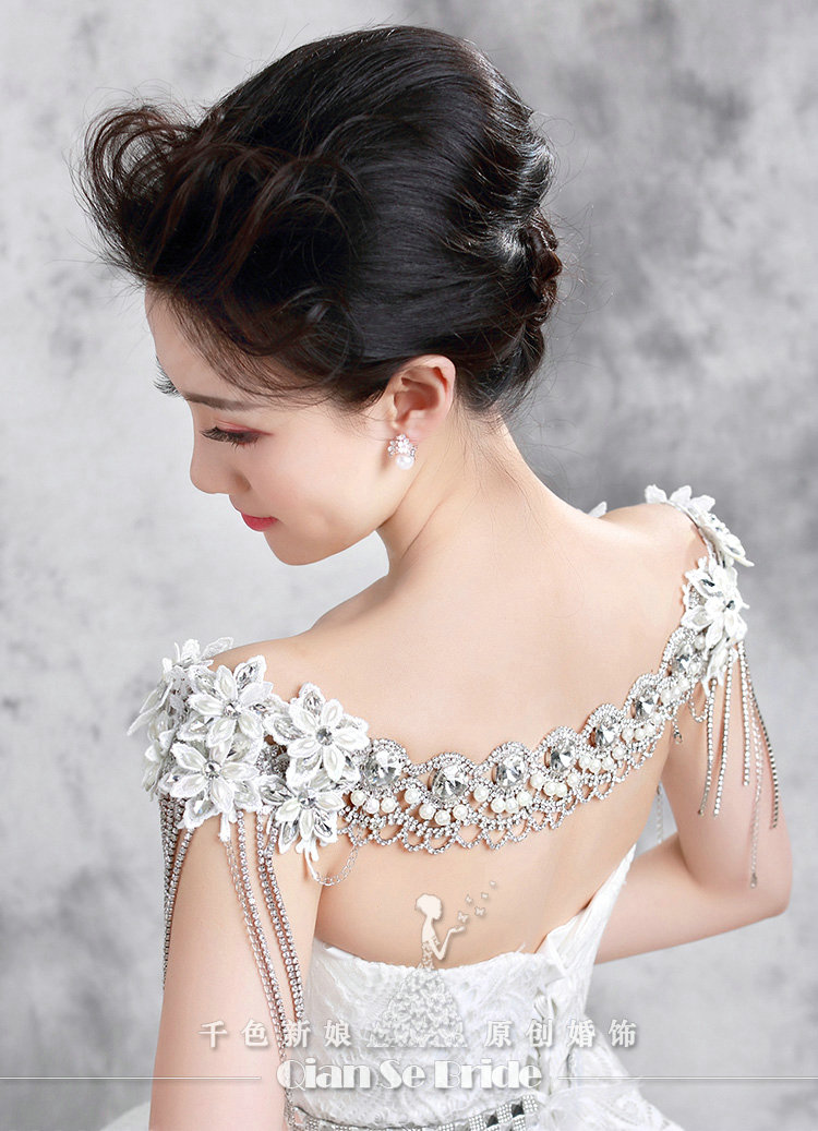 Elegant Bride Wedding Pearls Lace Flower Crystal Tassel Shawl Bridal Shoulder Chain Jewelry