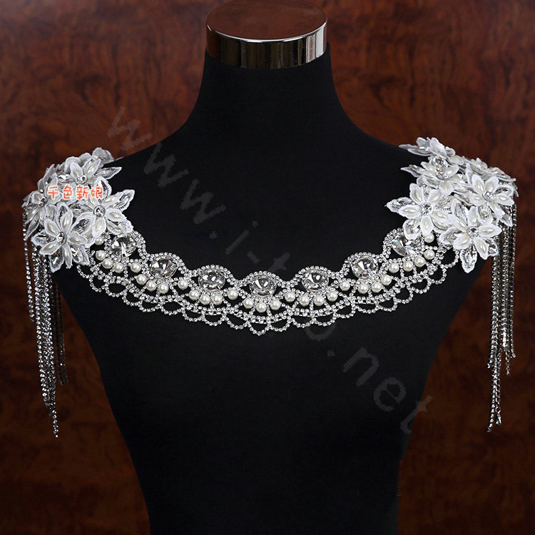 Elegant Bride Wedding Pearls Lace Flower Crystal Tassel Shawl Bridal Shoulder Chain Jewelry