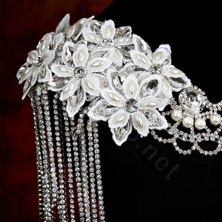 Elegant Bride Wedding Pearls Lace Flower Crystal Tassel Shawl Bridal Shoulder Chain Jewelry